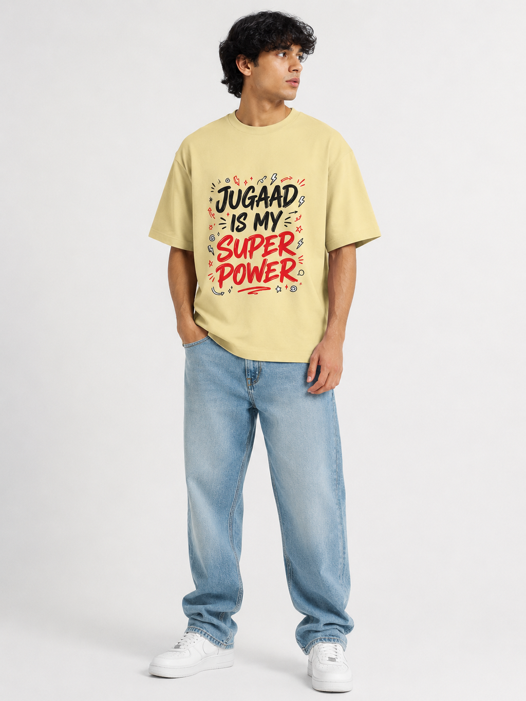 Jugaad Superpower Oversized Tee | Soft Beige Streetwear Graphic