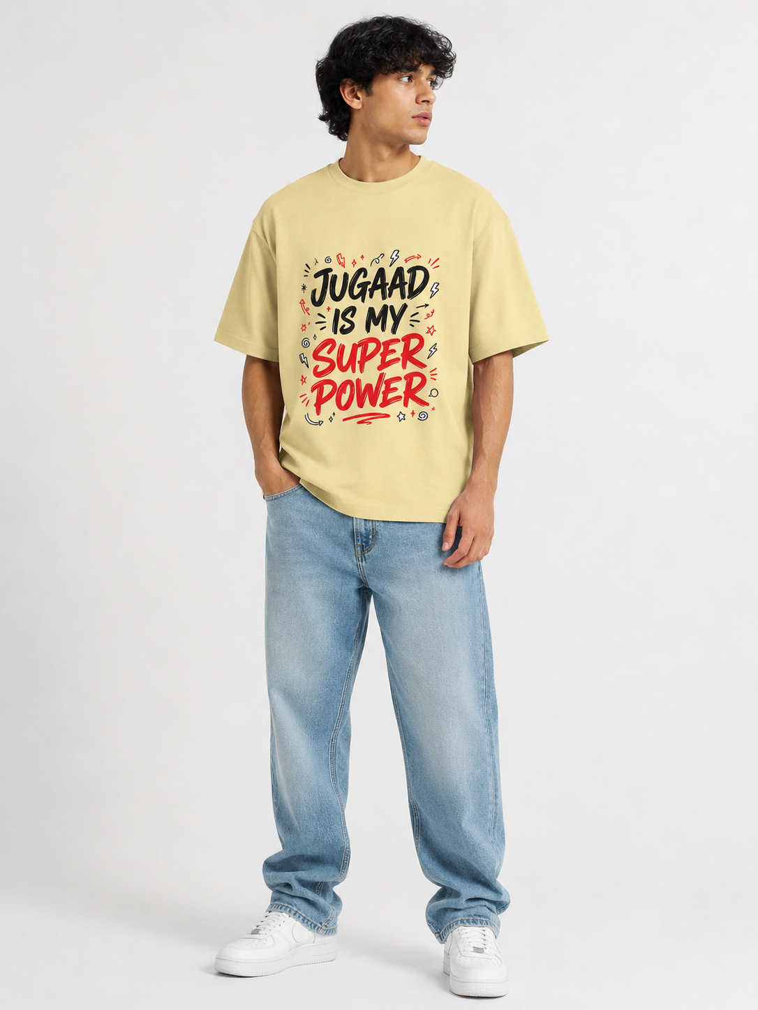 Jugaad Superpower Oversized Tee | Soft Beige Streetwear Graphic