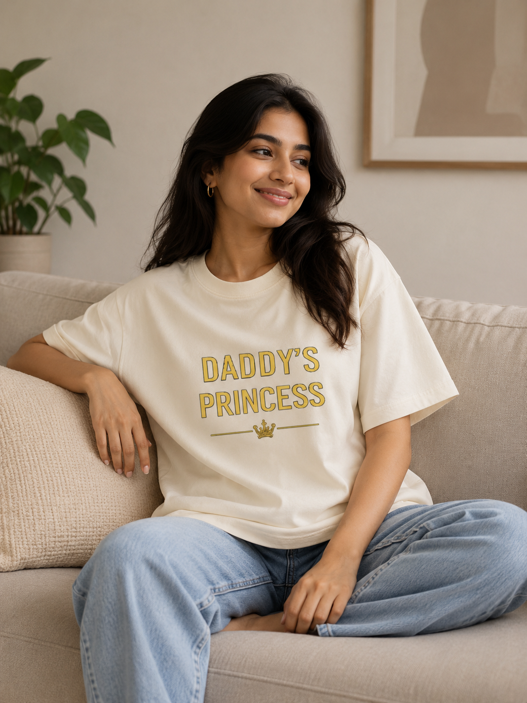 Daddy's Princess Terry Oversized Tee | Premium Gold Crown Graphic