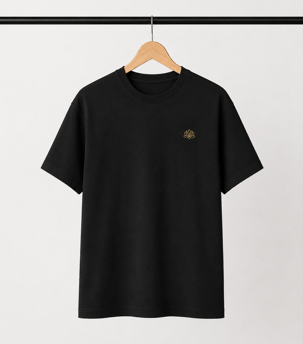 Embroidered Golden Lotus T-Shirt | Premium Minimalist Black Tee