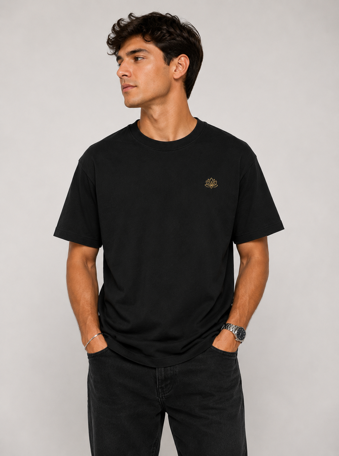 Embroidered Golden Lotus T-Shirt | Premium Minimalist Black Tee