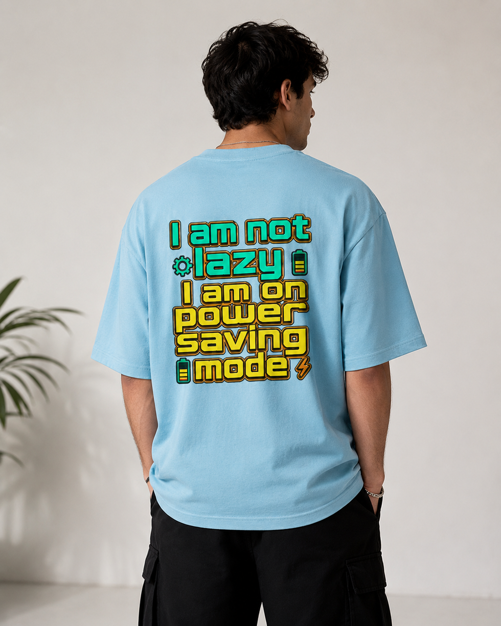 Power Saving Mode Oversized Tee | Sky Blue Tech Humor Graphic