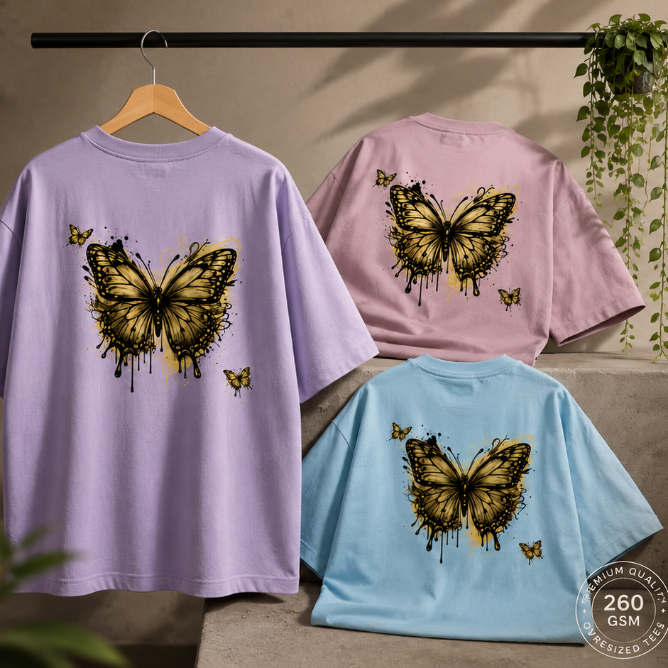 Butterfly-themed t-shirts on hangers with a promotional graphic in the background.