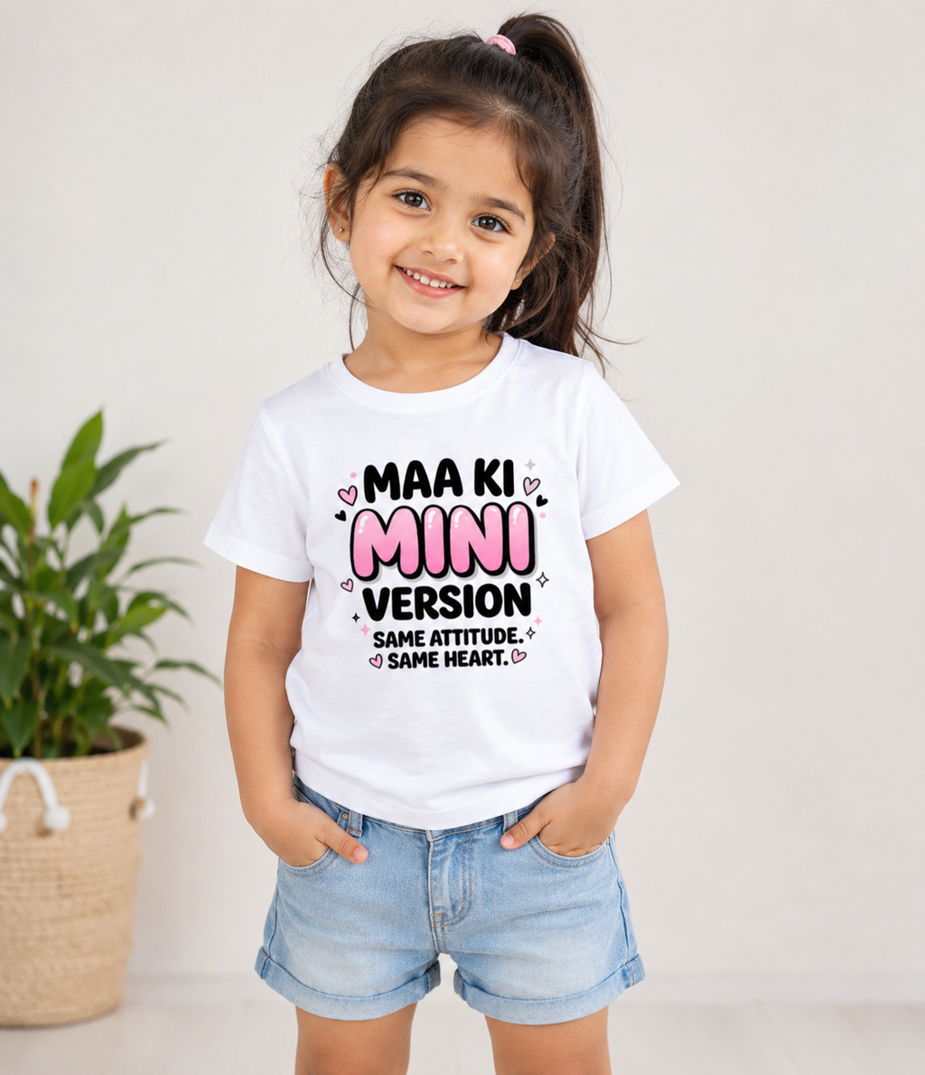 Maa Ki Mini Version Girls' Graphic Tee | Same Attitude & Heart