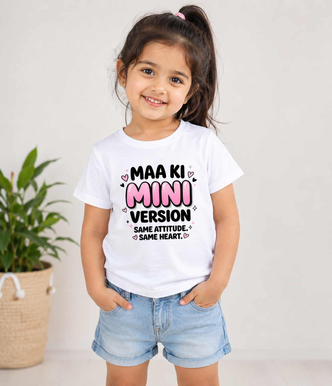 Maa Ki Mini Version Girls' Graphic Tee | Same Attitude & Heart