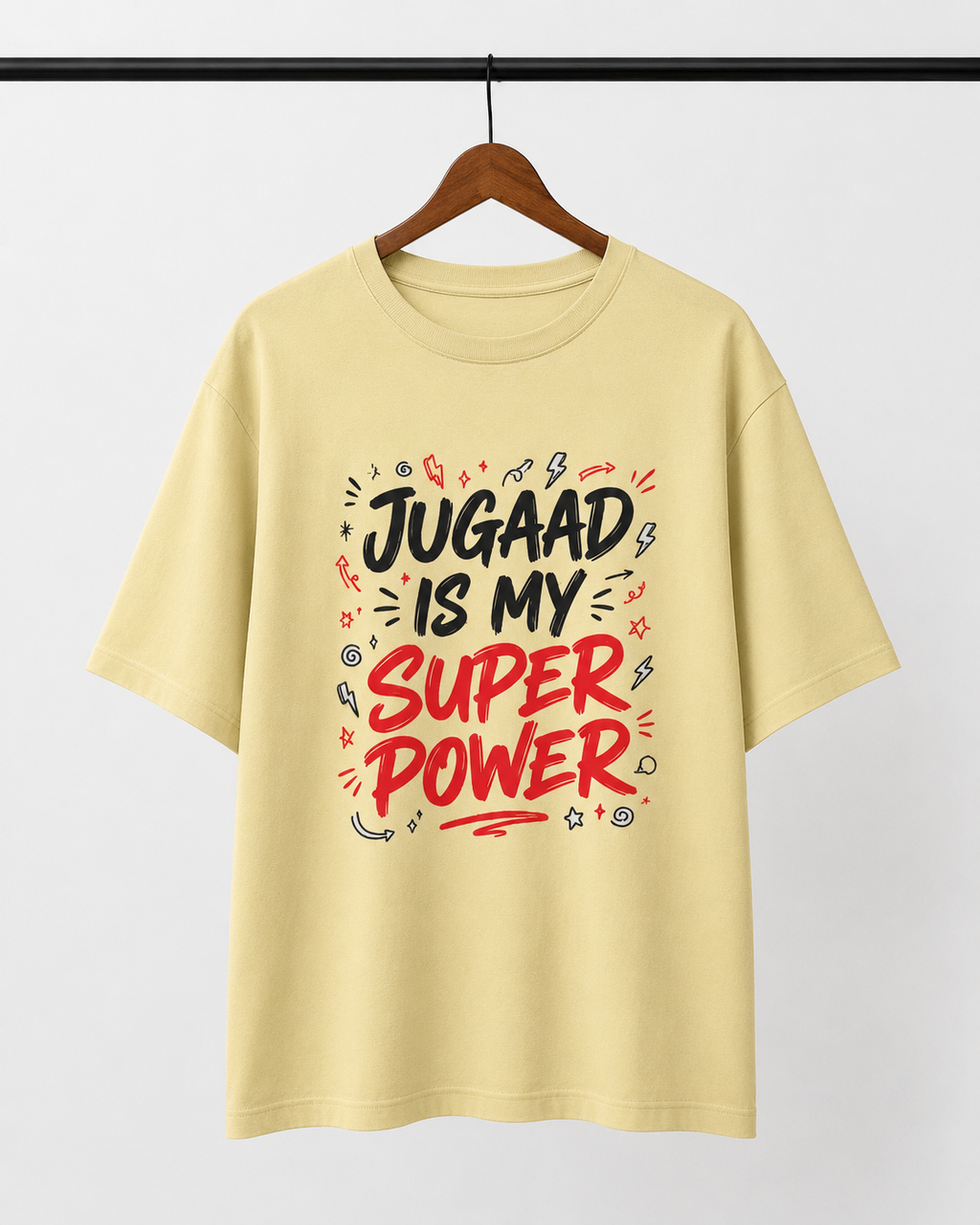 Jugaad Superpower Oversized Tee | Soft Beige Streetwear Graphic